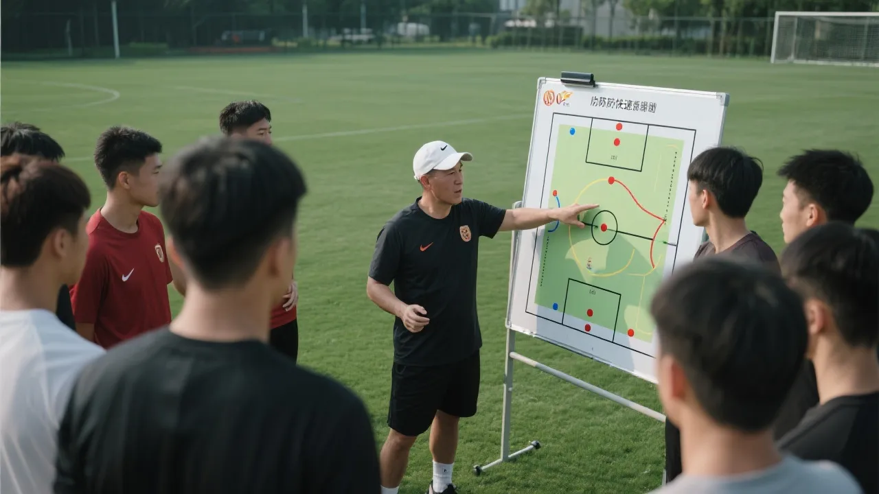教练在战术板前布置防线与反击路线，体现零封与进攻平衡